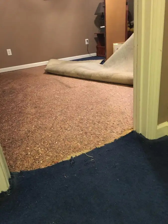 Carpet pad removal revealing water damage during Water Mitigation Services in Pontiac